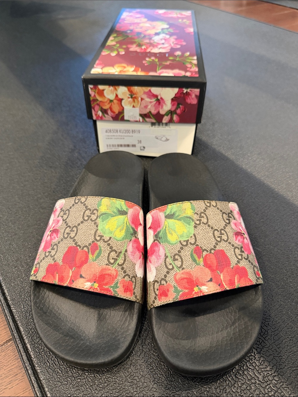 Gucci Floral GG Slide Sandals - Black Footbed with Pink & Green Floral Strap